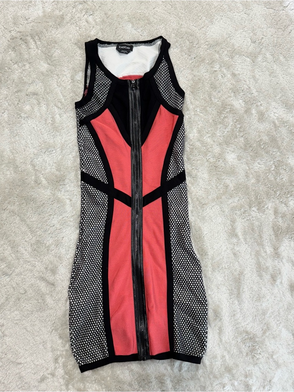 bebe Coral and Black Mesh-Panel Bodycon Zip Front Mini Dress